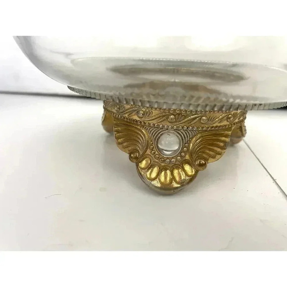 VTG Three Footed Clear Cut Pressed Glass Bowl Gold 3D Embossed Trim - Picture 11 of 13